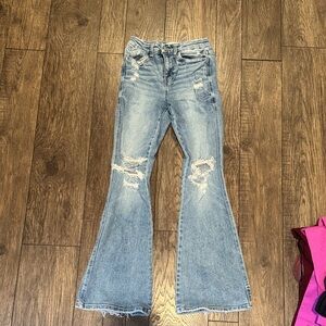 Distressed Flying Monkey Flare Jeans in Light Blue